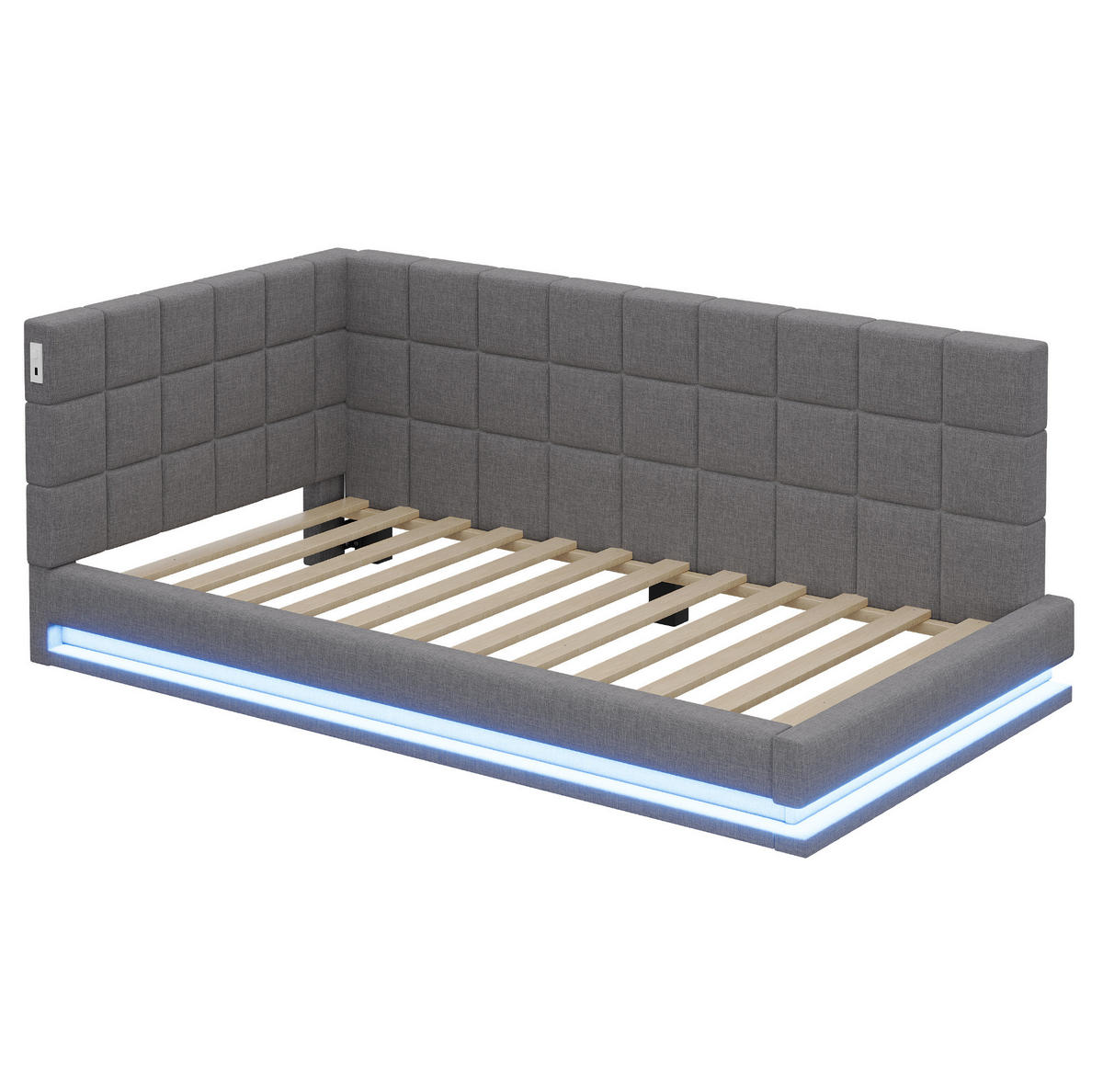 POLSTERBETT 90/200 cm mit LED-Beleuchtung, USB-Anschluss und Lattenrost aus Leinen, Grau - Grau, Textil (90/200cm) - Redom