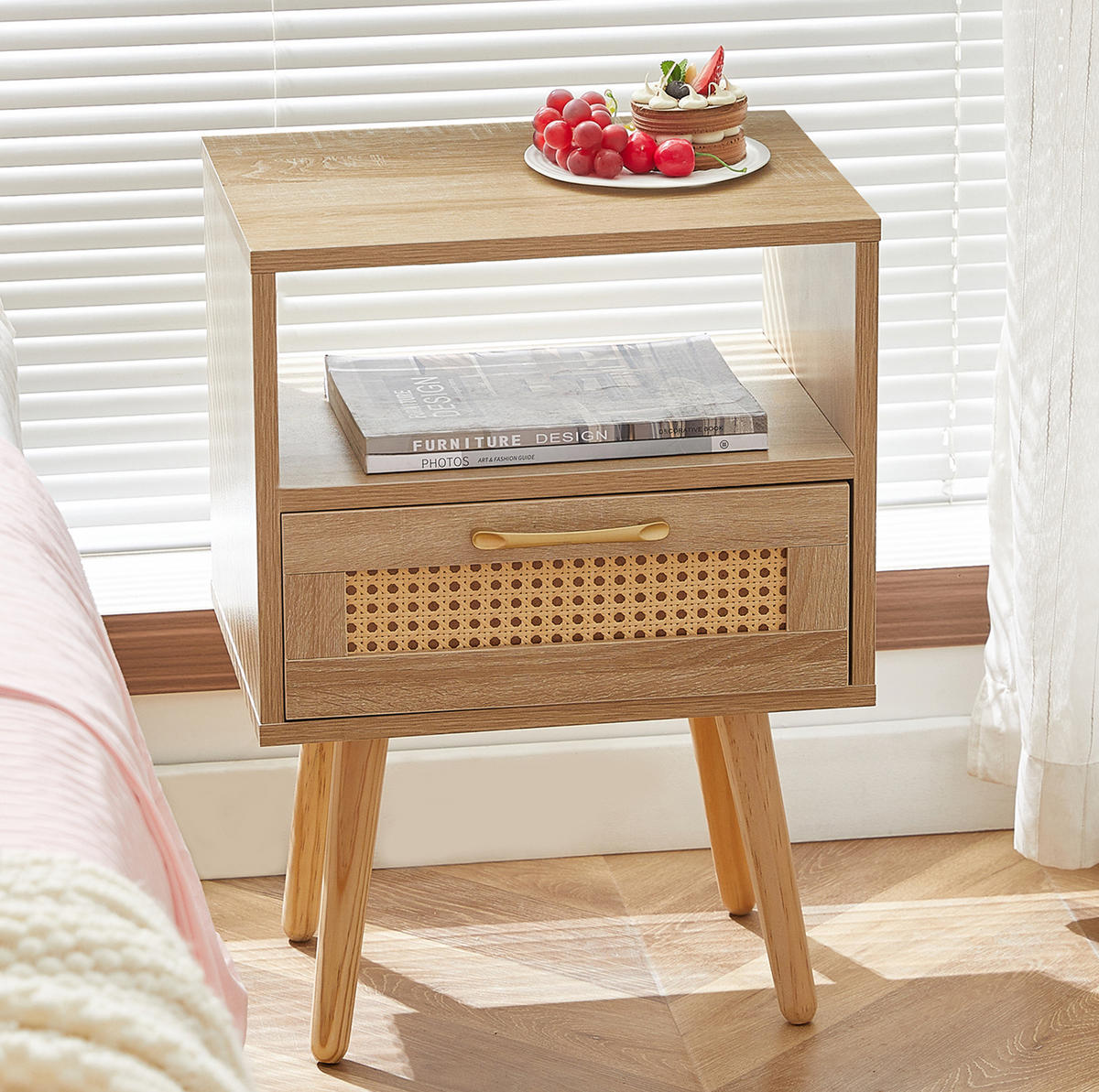 NACHTTISCH 30/40/55 cm natur aus MDF mit Rattanfront und Schublade - Hellbraun, Holzwerkstoff (30/55/40cm) - OKWISH