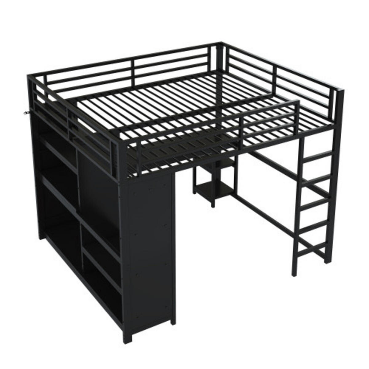 HOCHBETT 160x200 cm mit Schreibtisch, Kleiderschrank und LED-Beleuchtung, Ladestation, metall, schwarz - Schwarz, Metall (160/200cm) - Luhomfu
