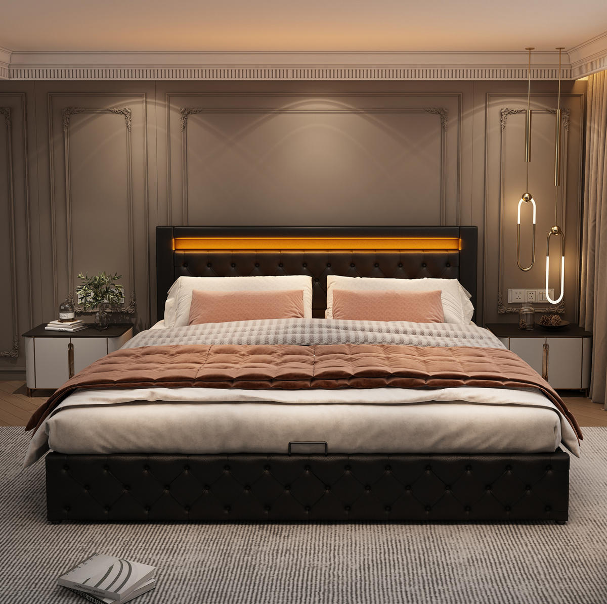 POLSTERBETT mit Bettkasten und LED 160x200 cm PU Schwarz - Schwarz, Metall (160/200cm) - Meubliv