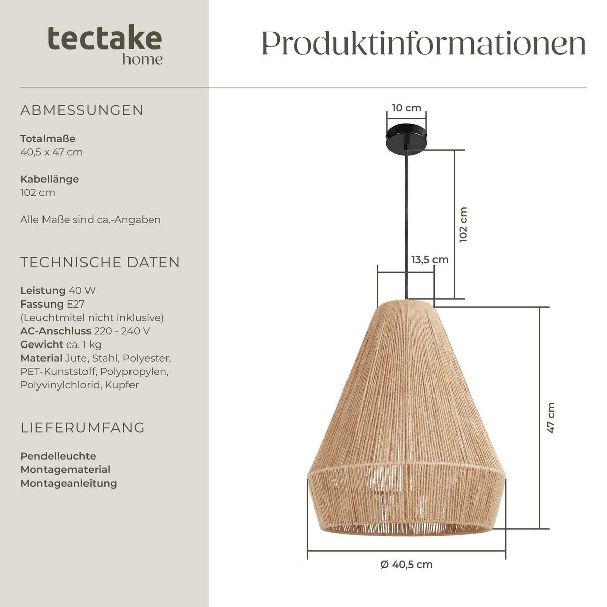 HÄNGELEUCHTE Pendelleuchte Suri aus Jute, 40,5 x 47 cm, natur - Naturfarben, Metall (40.5/40.5/47cm) - tectake