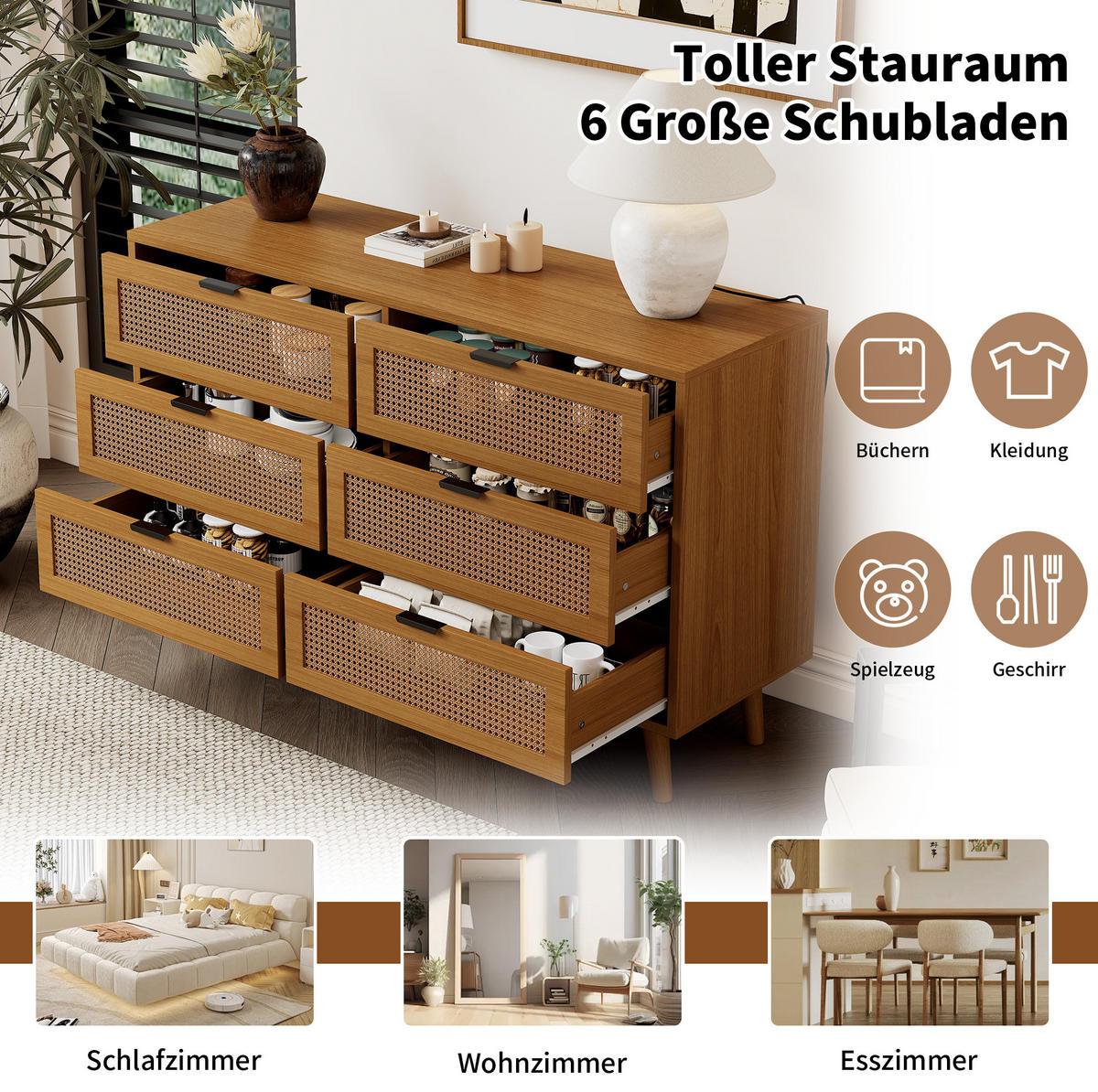 SIDEBOARD 120/76,5/40 cm Walnuss aus Spanplatte mit 6 Schubladen - Naturfarben, Holzwerkstoff (40/76.5/120cm) - OKMYHOME