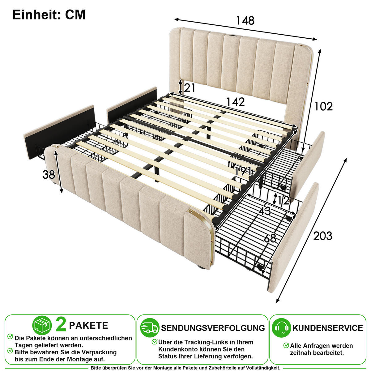 ČALOUNĚNÁ POSTEL 140/190 cm v béžové barvě se 4 zásuvkami, USB a Type-C - béžová, kov/kompozitní dřevo (140/190cm) - CHICFURN