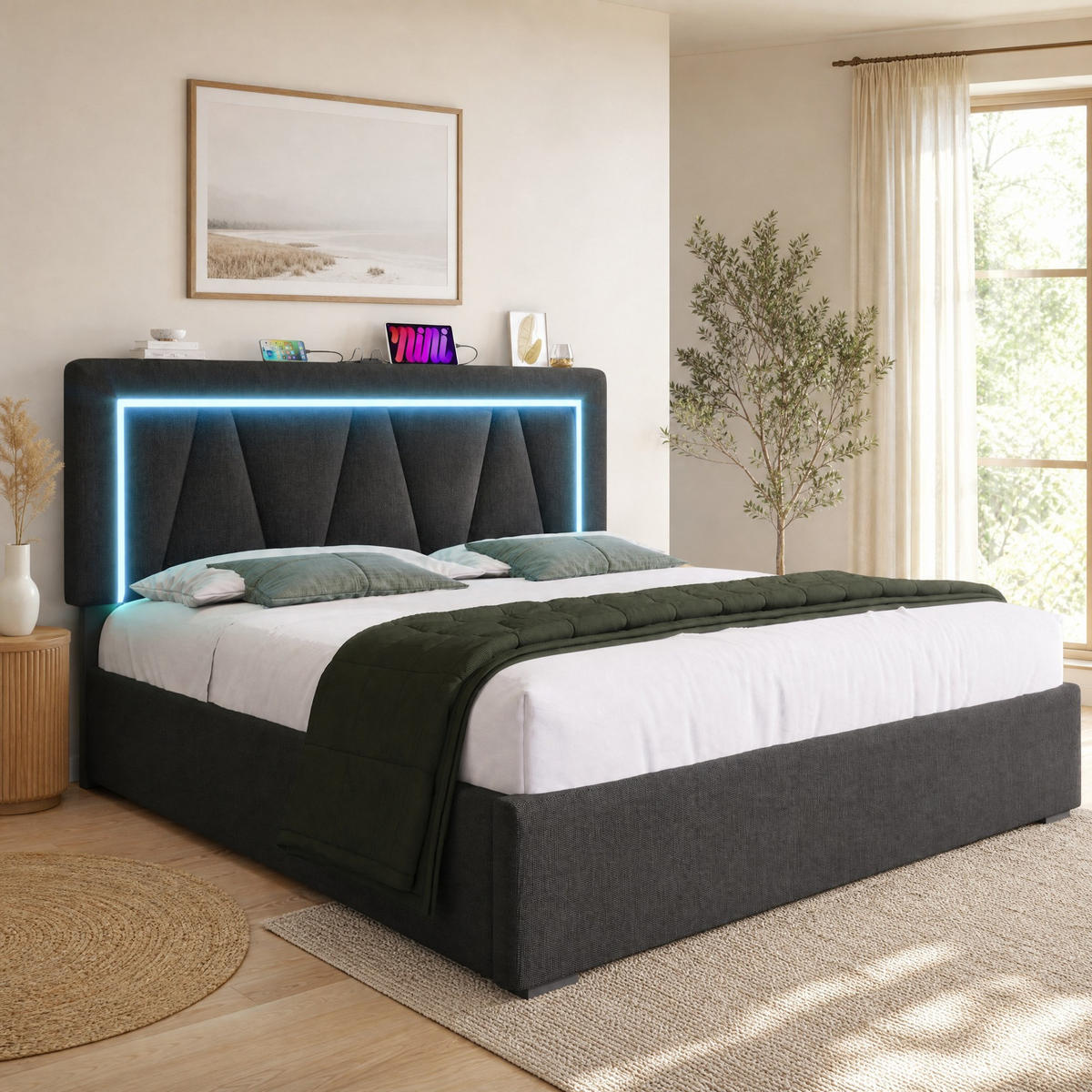 POLSTERBETT 140/200 mit Bettkasten, LED-Beleuchtung, USB-C und verstellbarem Kopfteil in Leinen - Grau, Holzwerkstoff/Textil (140/200cm) - EVRYAE