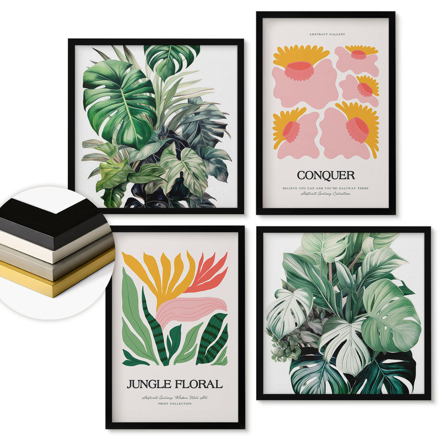 WANDBILDER 4er-Set - 50x50 cm & 40x60 cm Schwarzer Rahmen - Blumen und Blätter – moderne Poster - Schwarz, Kunststoff (50/50cm) - ArtPrintCave