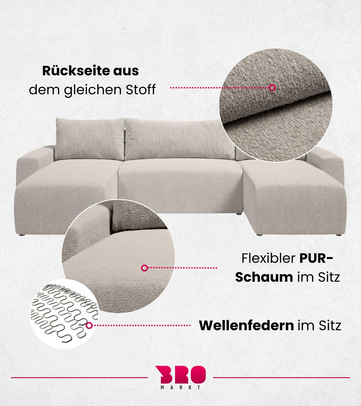 WOHNLANDSCHAFT Plush mit Schlaffunktion Ecru Boucle - Ecru, Kunststoff/Textil (315/72/145cm) - Bromarkt