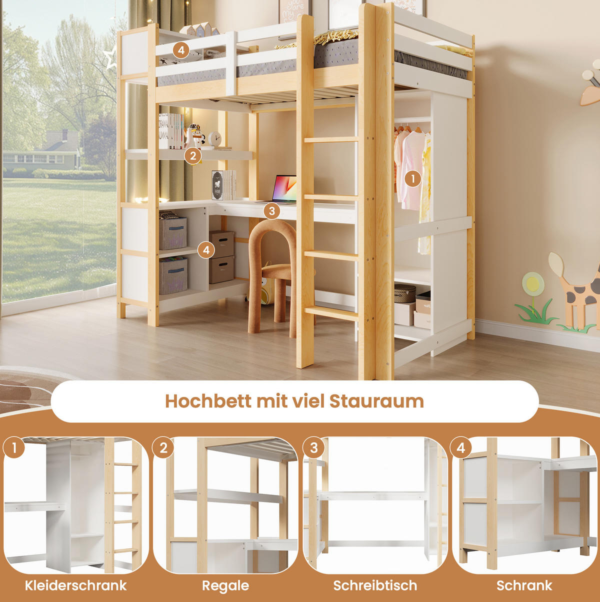 HOCHBETT 90/200 cm aus Kiefern mit Schreibtisch, Regalen und Kleiderschrank, Weiß/Natur - Naturfarben, Holzwerkstoff (90/200cm) - Redom