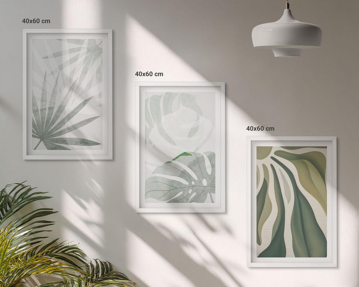WANDBILDER 3er-Set - 40x60 cm Weißer Rahmen - Blätter von Pflanzen in Grün und Grau - Weiß, Kunststoff (40/60cm) - ArtPrintCave