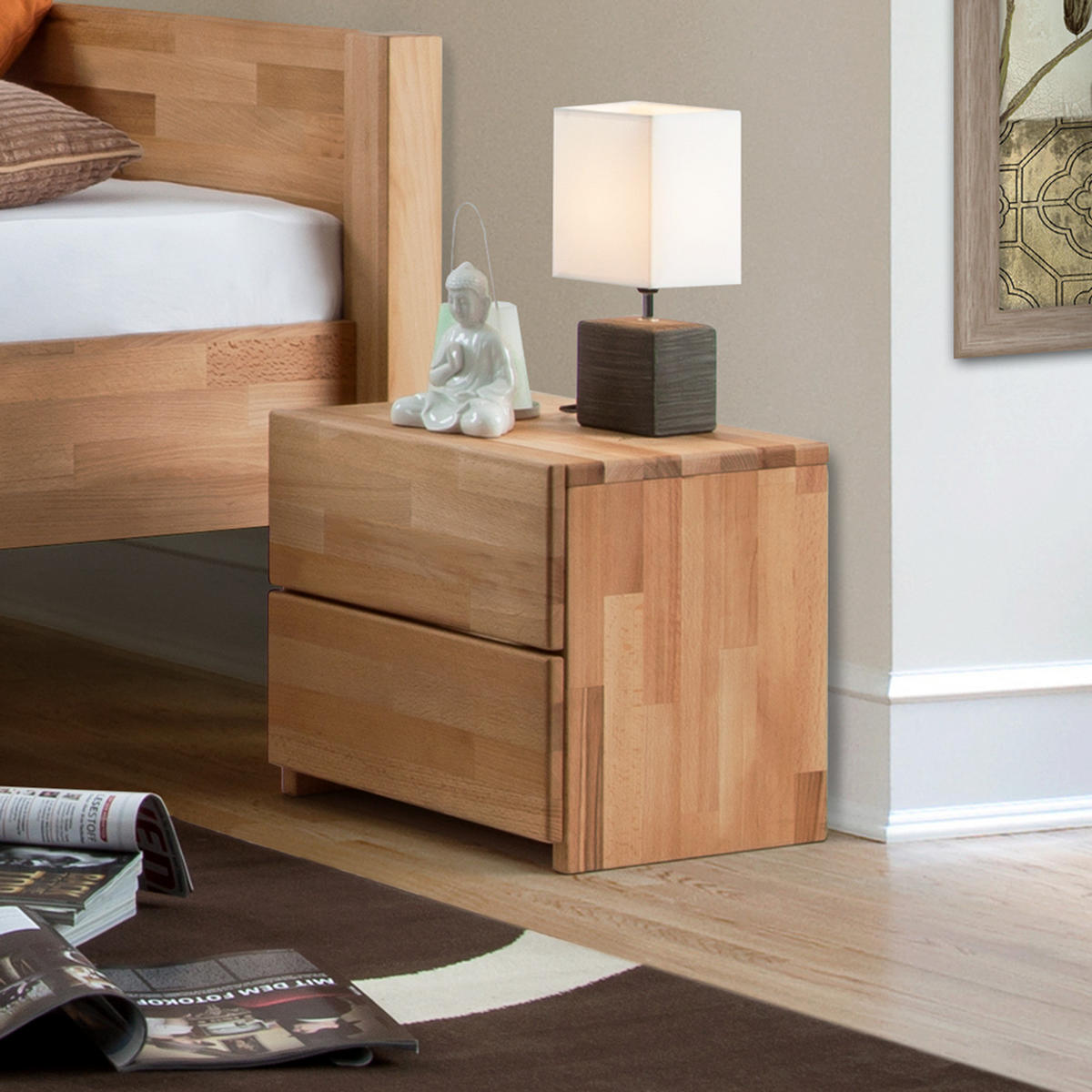 NACHTKOMMODE - Kernbuche massiv - geölt - Naturfarben, Holz (40/37/33cm) - home24