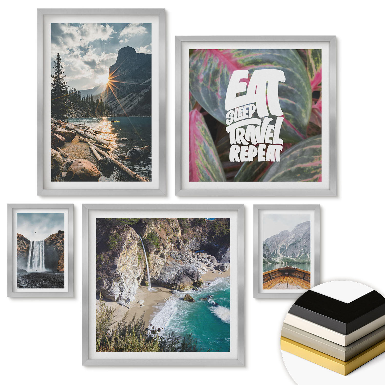 WANDBILDER 5er Set - 50x50 cm & 20x30 cm & 40x60 cm Silberner Rahmen - Wasserfall Bergreise Natur - Silberfarben, Kunststoff (40/60cm) - ArtPrintCave
