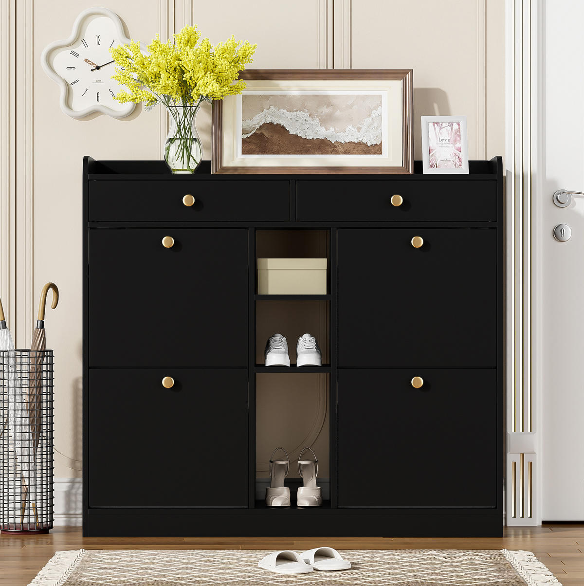 SCHUHSCHRANK aus Spanplatte 110x26x100cm in Schwarz mit Klappentüren - Schwarz, Holzwerkstoff (110/100/26cm) - Modfu