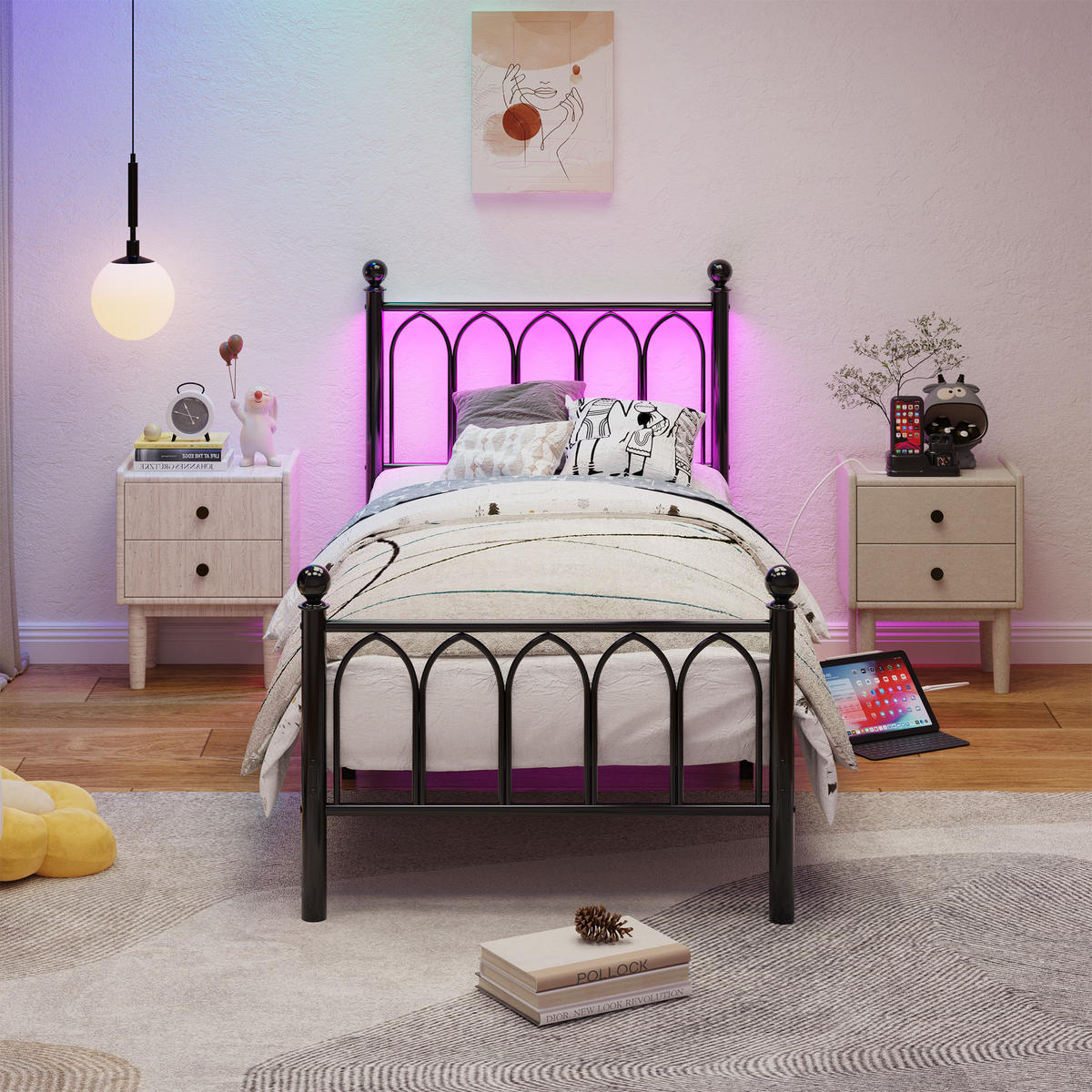 METALLBETT 90x200 cm LED USB Vintage schwarz - Schwarz, Holzwerkstoff (90/200cm) - LEBENLANG