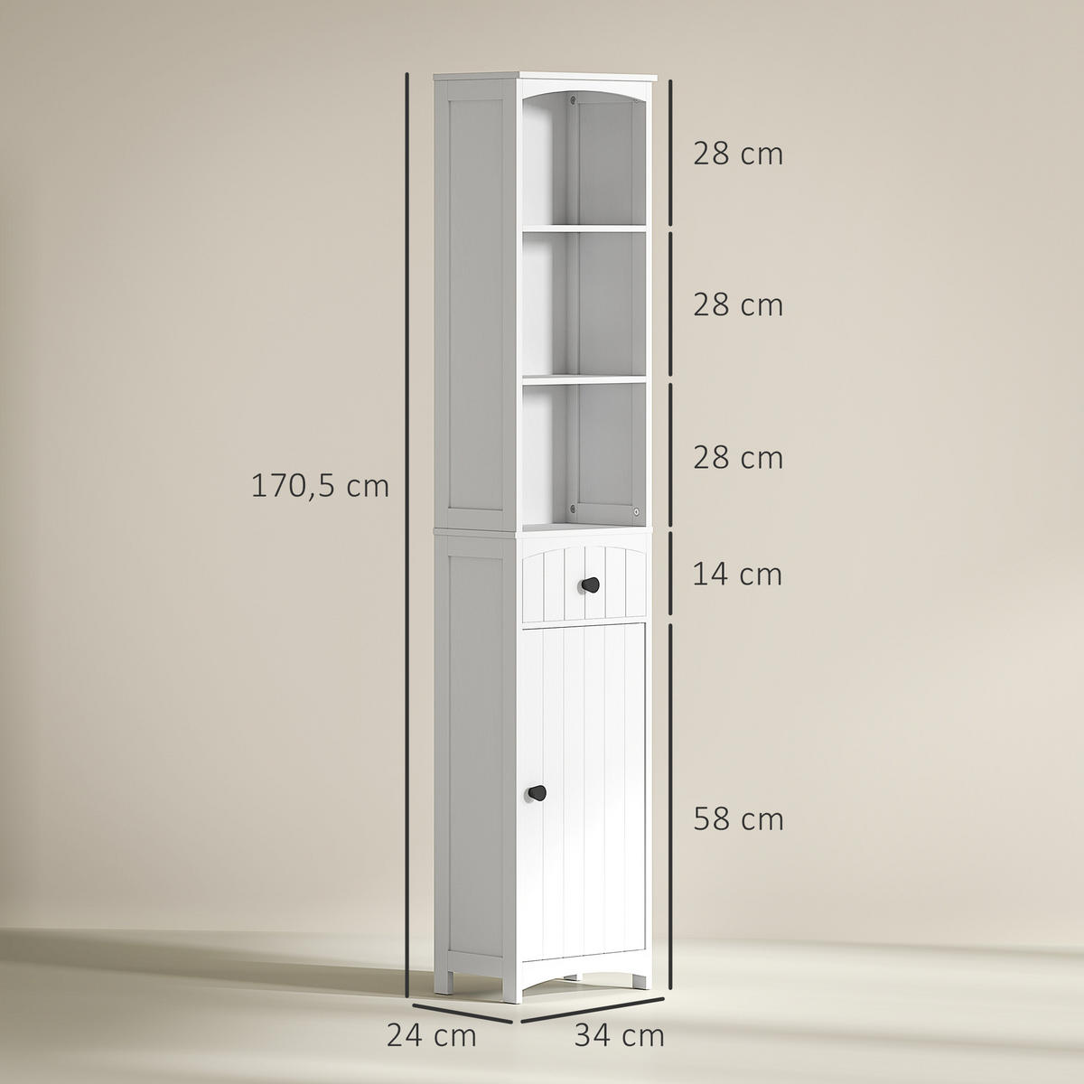 HOCHSCHRANK mit 3 Regalen, 1 Schublade, Weiß, 34x24x170,5cm - Weiß, Holz (34/170.5/24cm) - HOMCOM
