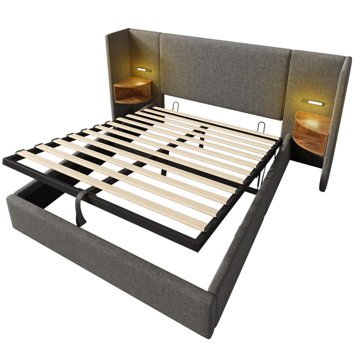 POLSTERBETT 160/200 cm Grau mit Nachttisch und USB-Ladefunktion - Grau, Textil (160/200cm) - OKWISH