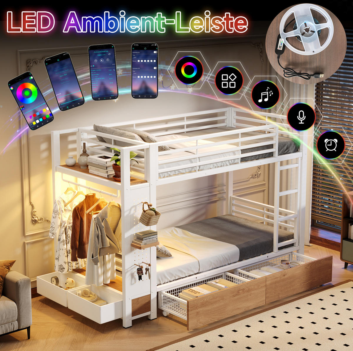 ETAGENBETT aus Metall und MDF 90x200 cm Weiß mit 4 Schubladen, LED-Beleuchtung und Kleiderhakenbereich - Weiß, Holzwerkstoff (90/200cm) - Modfu