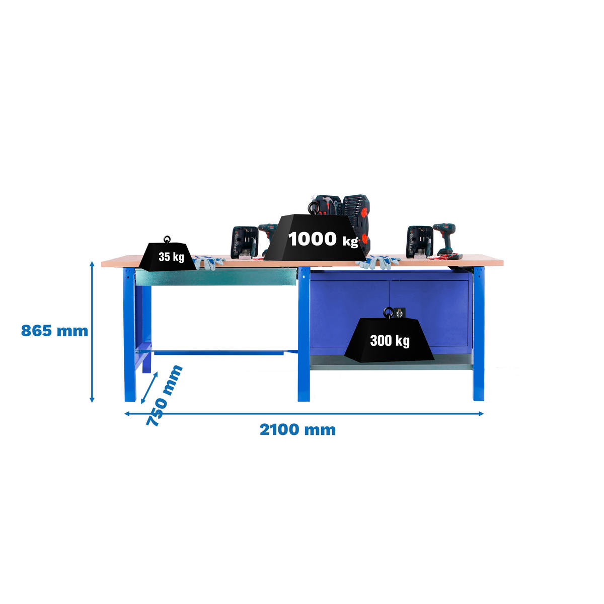 WERKBANK Buffalo Wood mit 1x Schublade und Schrank HxBxT 86,5 x 210 x 75 cm Traglast 1000 kg Blau - Blau, Metall (210/86.5/75cm) - PROREGAL