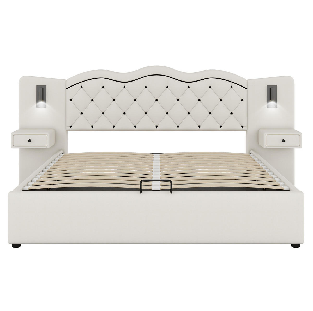 POLSTERBETT 180/200 cm mit USB-Anschluss, Beleuchtung und hydraulischem Bettkasten aus Leinenimitat/MDF, Beige - Beige, Textil (180/200cm) - Redom
