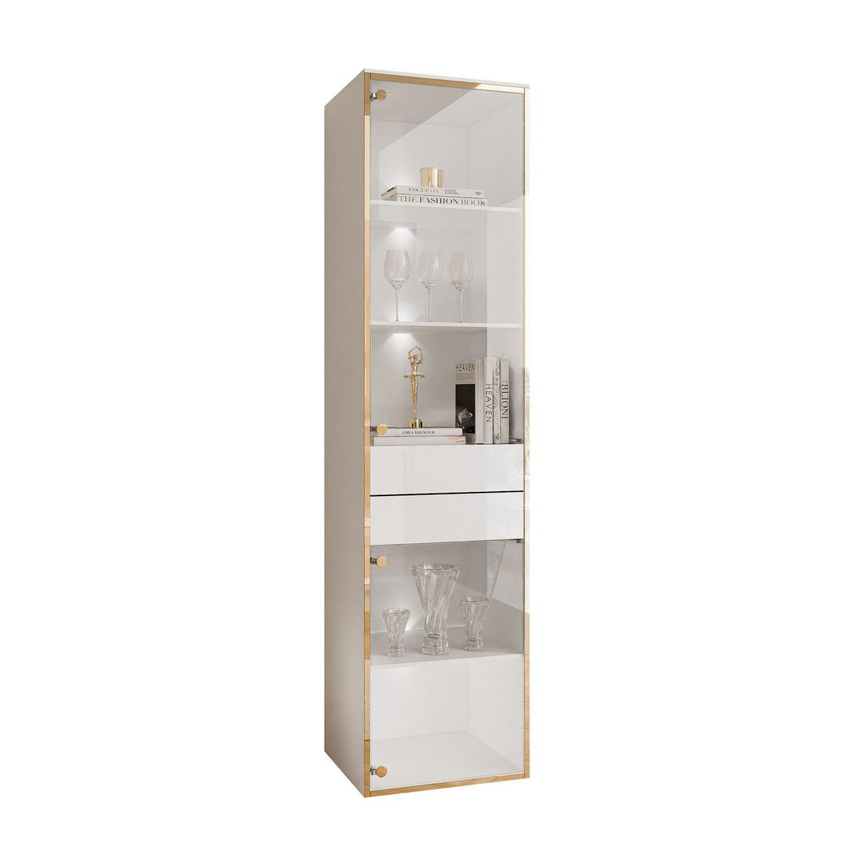 VITRINE AURORA in Weiß hochglanz mit LED-Beleuchtung mit Fuße - Weiß Hochglanz/Schwarz, Holzwerkstoff/Kunststoff (45/181/40cm) - Lookway