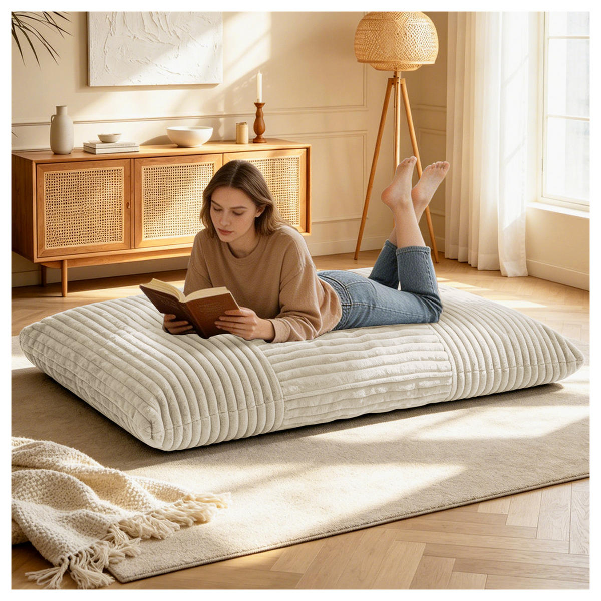 SITZSACK Umwandelbar Stoff 180x125 cm Beige Bequem - Weiß, Textil (125/26/180cm) - Raelunyi