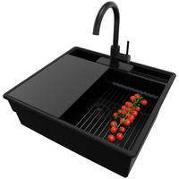 GRANITSPÜLE New York, 2-er set Alles Schwarz 58/53 cm 1 Becken + Küchenarmatur 32/20 cm + Ablauf-Set + Küchenzubehörset ab 60er Unterschrank - Schwarz, Kunststoff (58/20/53cm) - Primagran