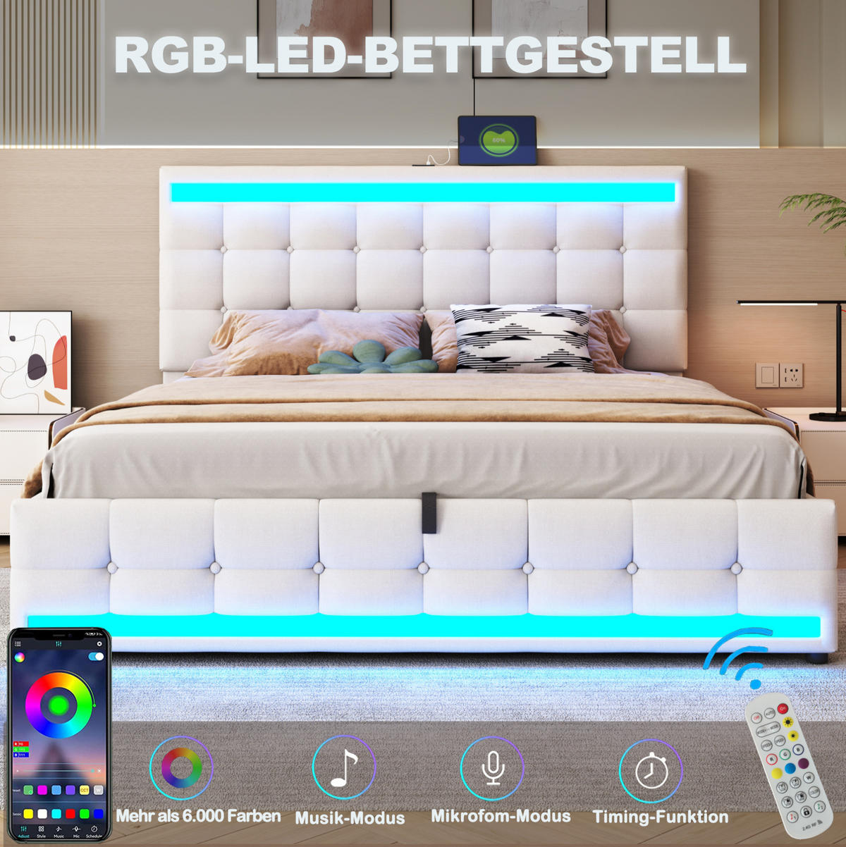 ČALOUNĚNÁ postel 180/200 cm, béžová, lněný vzhled, s LED osvětlením a USB - béžová, textil (180/200cm) - BEAOK