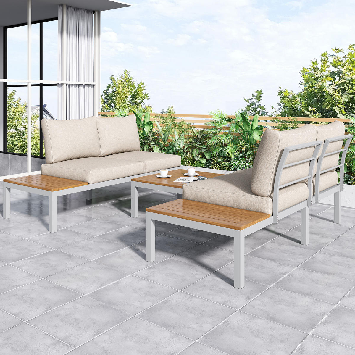 LOUNGESET 5-tlg. Beige 2x Zweisitzer 2x Tische 1x Tisch Akazie - Beige, Metall - FLIEKS