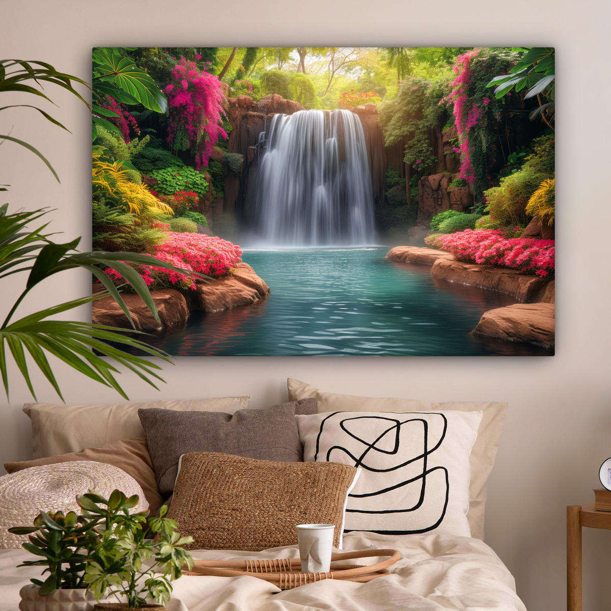 LEINWANDBILD Wasserfall - Natur - Pflanzen - Dschungel - Wasser Wohnzimmer Groß 120x80 cm - Grün, Textil (120/80cm) - MuchoWow