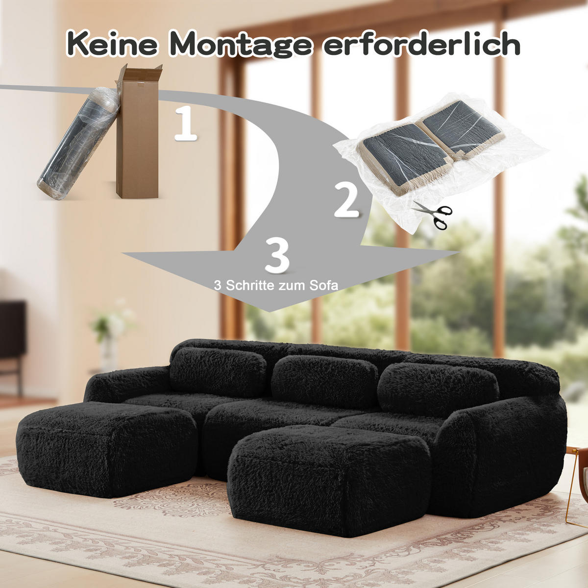 3-SITZER Sofa 291x179x73 cm aus Plüschstoff rahmenlos modular mit 2 Ottomans, schwarz - Schwarz, Textil (179/73/291cm)