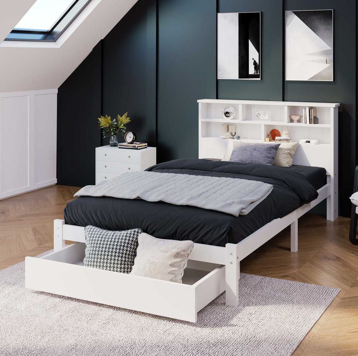 BETT 90/200 cm Weiß aus Massivholz mit Schubladen und Bücherregal-Kopfteil - Weiß, Holz (90/200cm) - Flora Grace