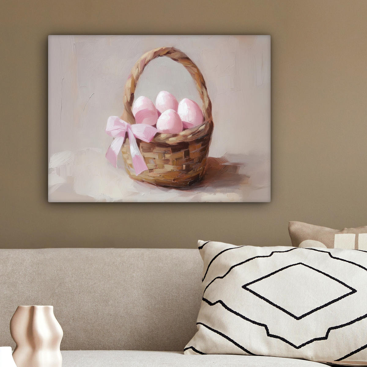 LEINWANDBILD Korb - Eier - Rosa Wandbild 40x30 cm - Beige, Textil (40/30cm) - MuchoWow