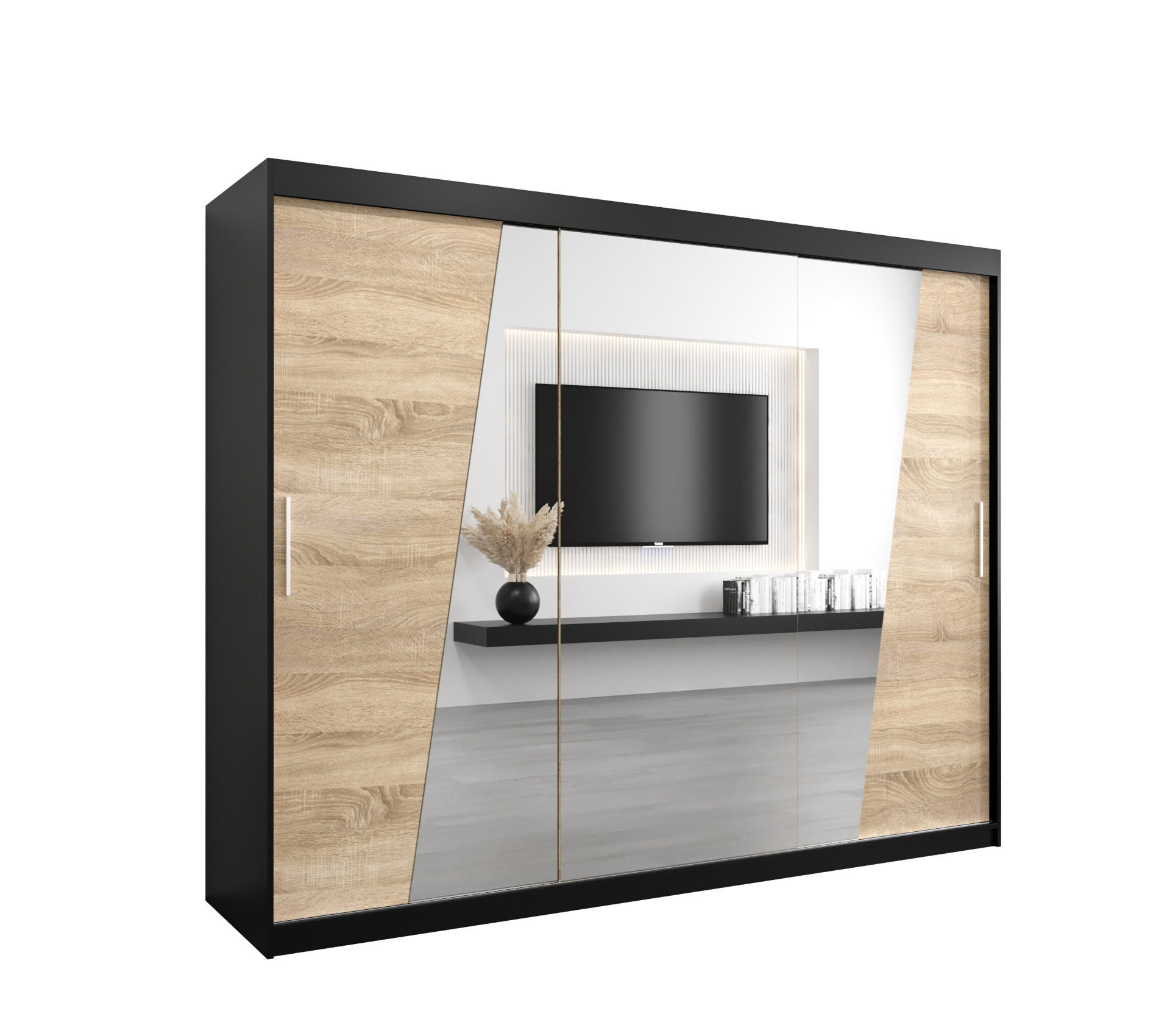 Abiks Möbel Schwebetürenschrank Schwarz, Sonoma Eiche 250x200x62 cm