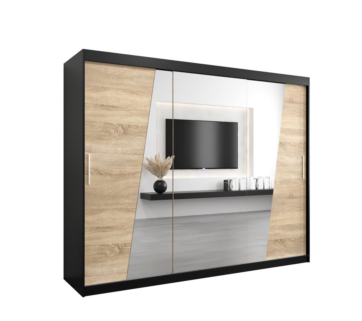 SCHWEBETÜRENSCHRANK 200/250/62 3-türig - Silberfarben/Schwarz, Holz/Kunststoff (250/200/62cm) - Abiks Möbel