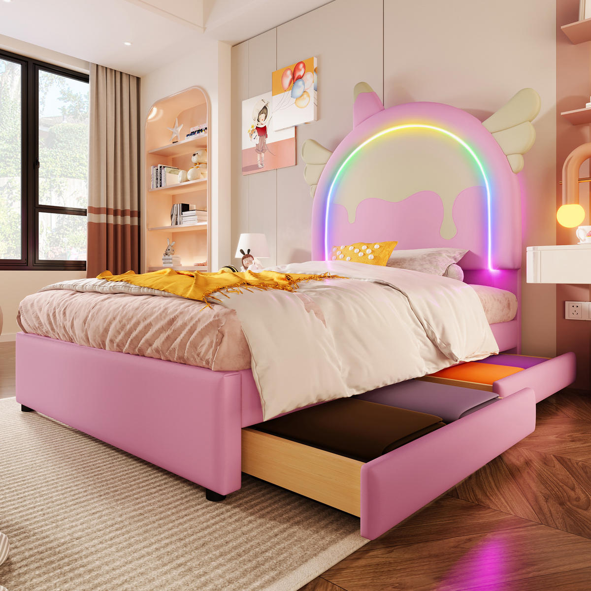 POLSTERBETT 90/200 cm Rosa Einhornform mit Leuchtleiste und 2 Schubladen aus PU - Rosa, Kunststoff (90/200cm) - OKWISH