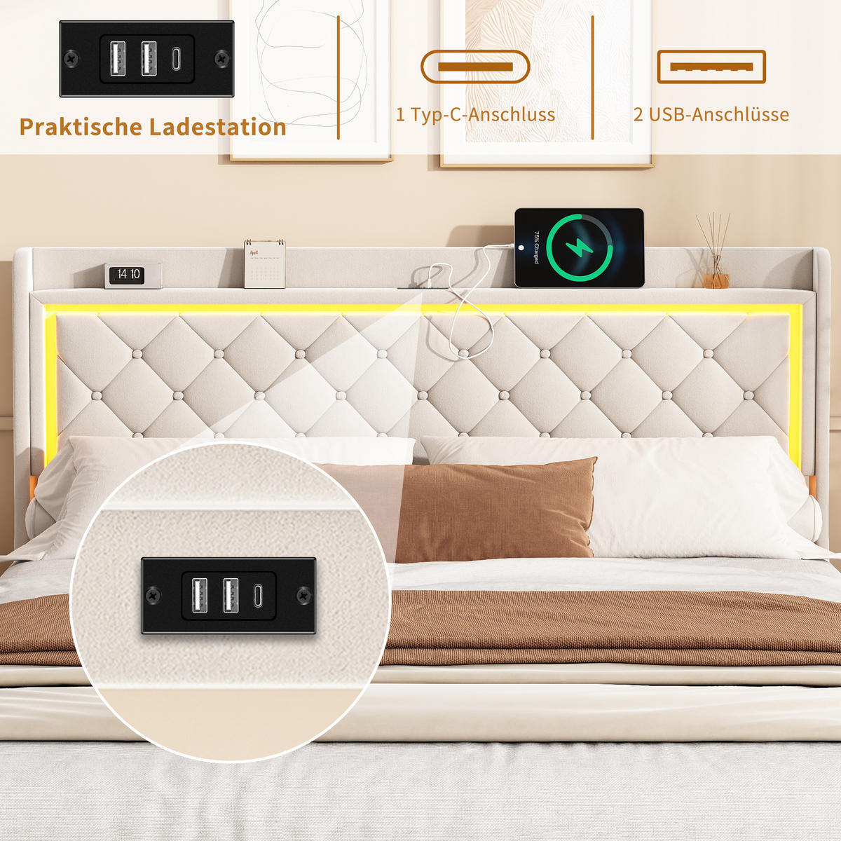 POLSTERBETT 140x200 cm, Stauraumbett mit 4 Schubladen, LED & USB/Type-C, Flauschstoff in Beige - Beige, Holz (140/200cm) - BRILVERDE