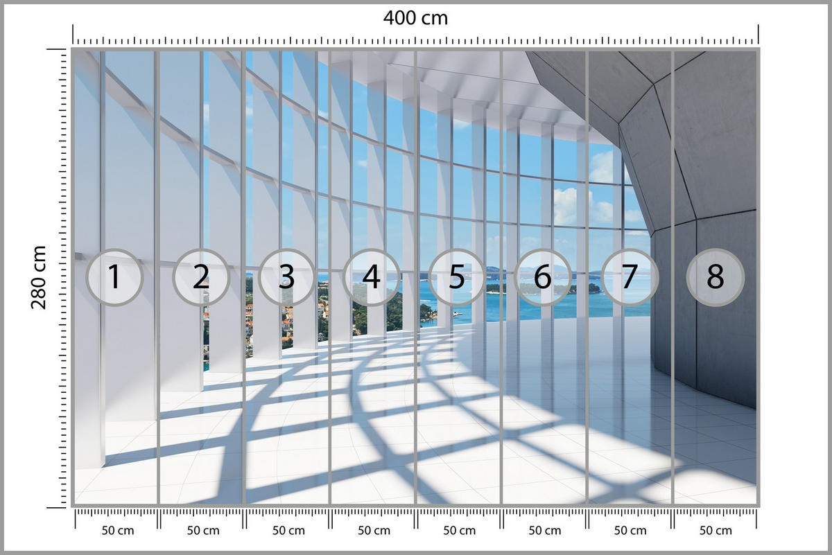 FOTOTAPETE für Wohnzimmer Räumlicher Tunnel mit Meerblick 400x280 - Blau/Beige, Papier (400/280cm) - Muralo