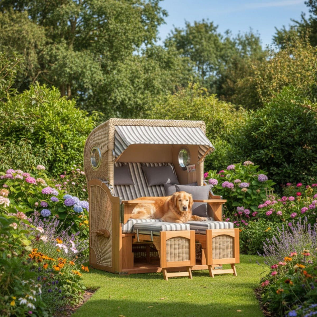 STRANDKORB Düne 2-Sitzer Teak Shell - Braun/Grau, Holz/Metall (125/170/80cm) - Mr. Deko