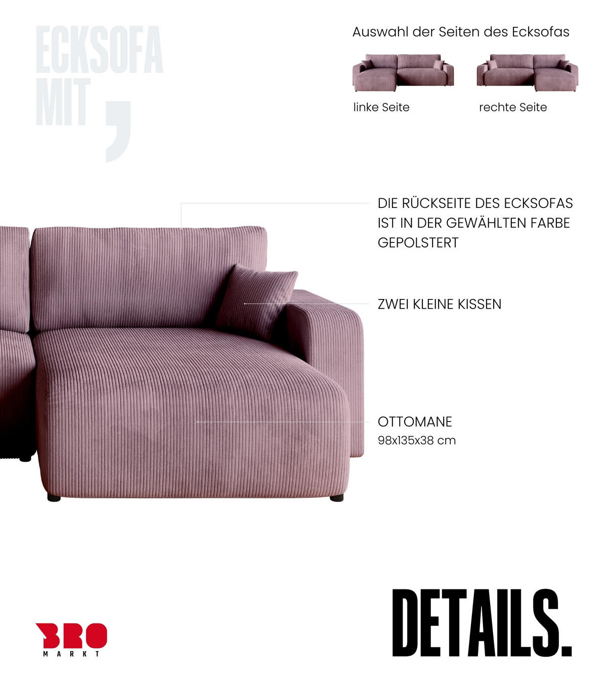 ECKSOFA PUMI XL mit Schlaffunktion Puderrosa Cord - Rosa, Textil (274/148cm) - Bromarkt