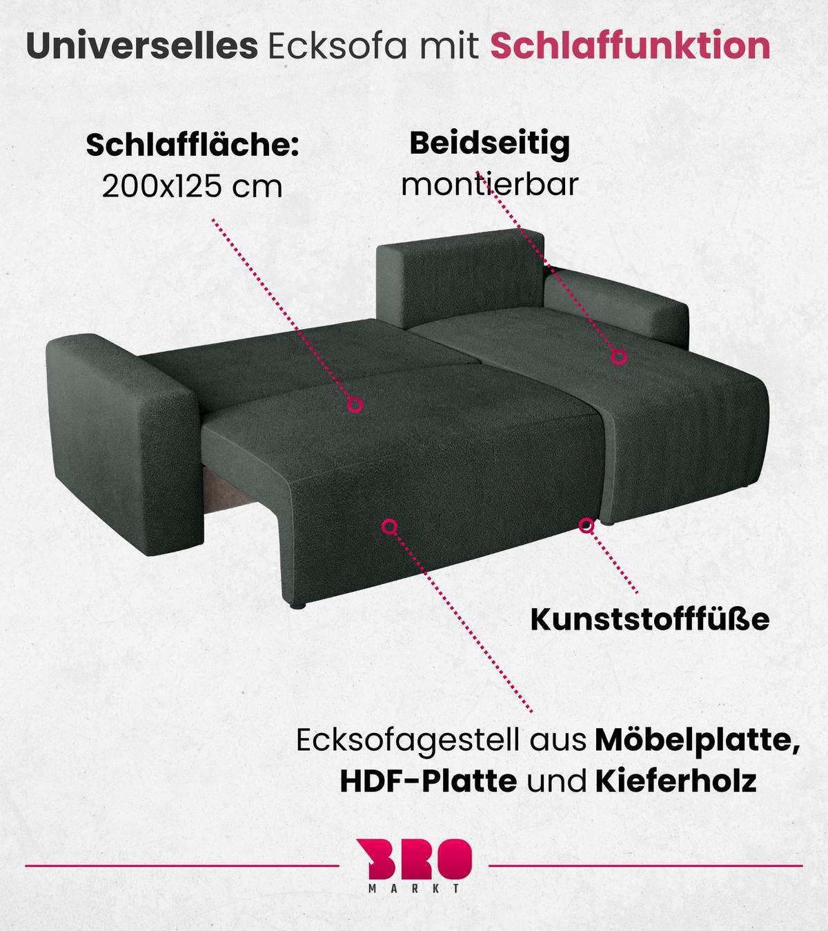 ECKSOFA PLUSH mit Schlaffunktion Dunkelgrün Boucle - Dunkelgrün, Textil (240/145cm) - Bromarkt