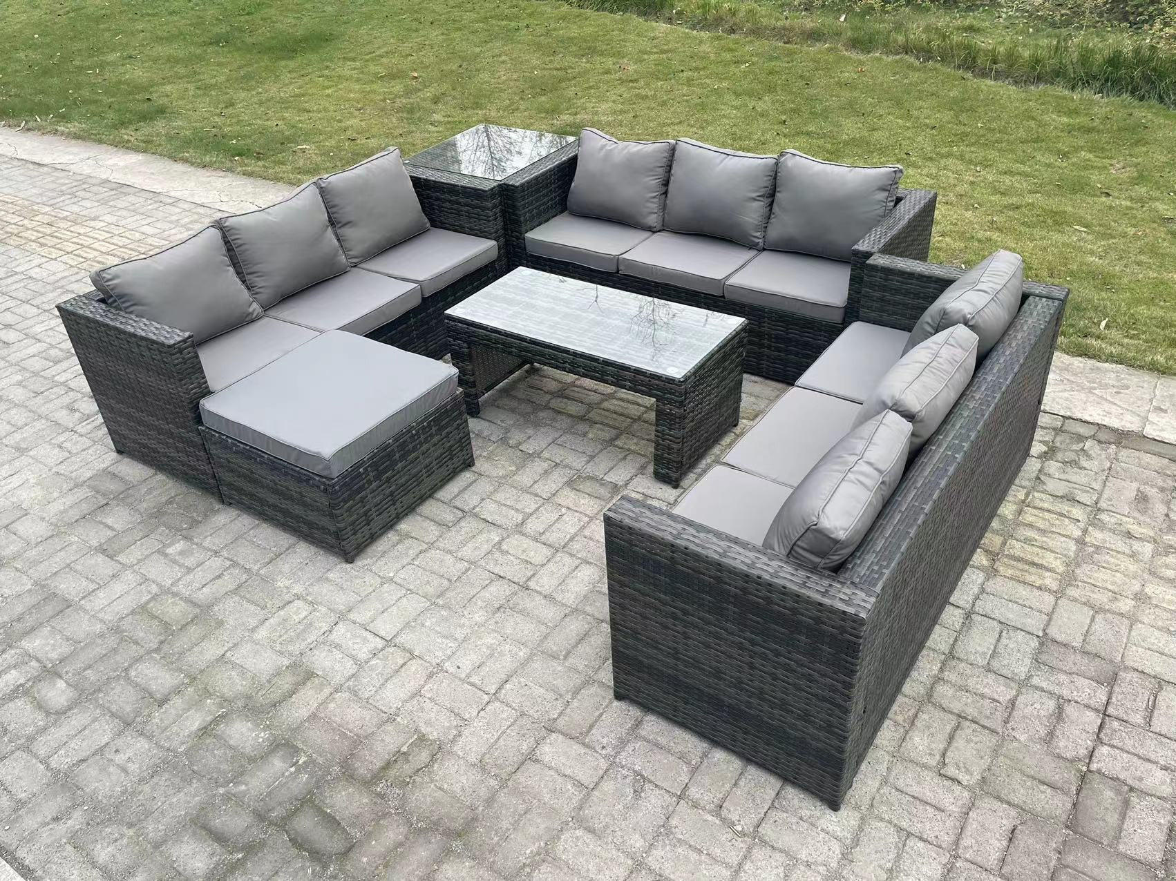 GARTENTISCHGRUPPE Polyrattan 10-Sitzer - Dunkelgrau/Grau, Glas/Kunststoff - Fimous