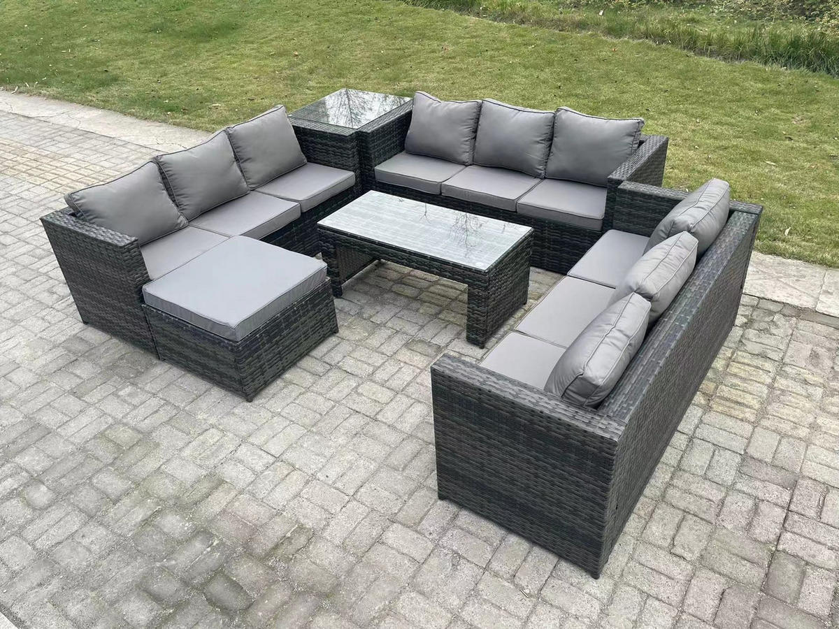 GARTENTISCHGRUPPE Polyrattan 10-Sitzer - Dunkelgrau/Grau, Glas/Kunststoff - Fimous