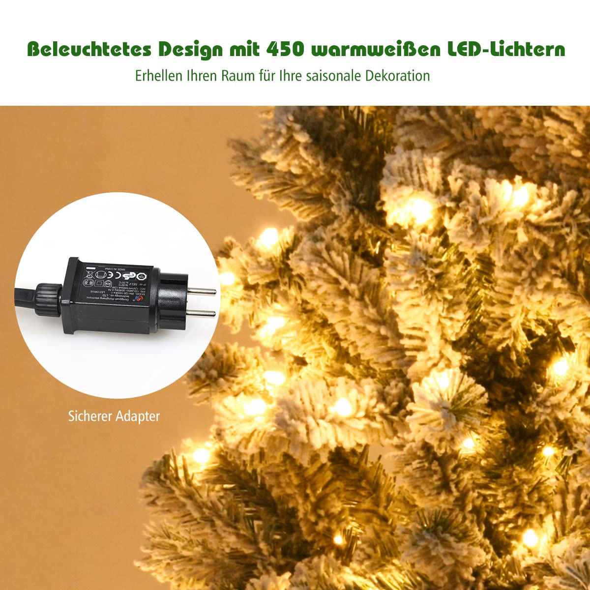 WEIHNACHTSBAUM mit Schnee und warmweissen LED-Lichtern 225cm Weiß - Weiß, Metall (225cm) - COSTWAY