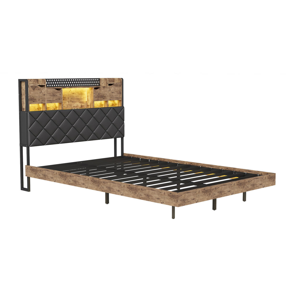 POLSTERBETT 160x200 cm mit LED und USB, Doppelbett mit Lattenrost und Kopfteil, PU, Braun und Schwarz - Schwarz/Braun, Leder/Holzwerkstoff (160/200cm) - GENKI LIVING