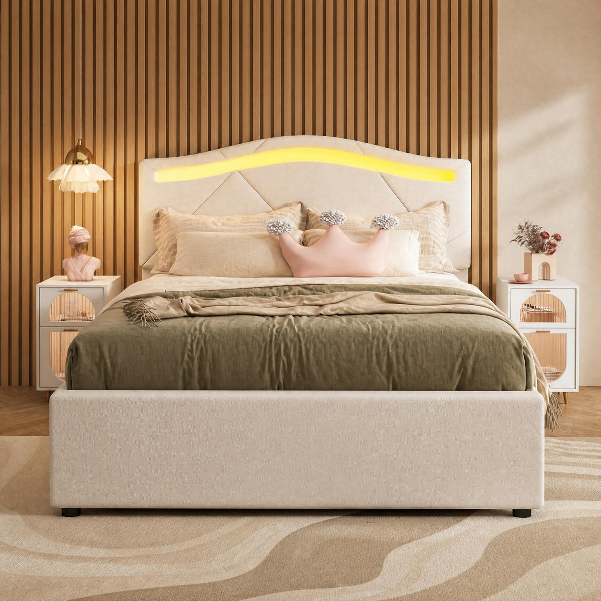POLSTERBETT 90/200 mit LED-Beleuchtung, zwei Schubladen und verstellbarem Kopfteil in Beige - Beige, Holzwerkstoff/Textil (90/200cm) - EVRYAE