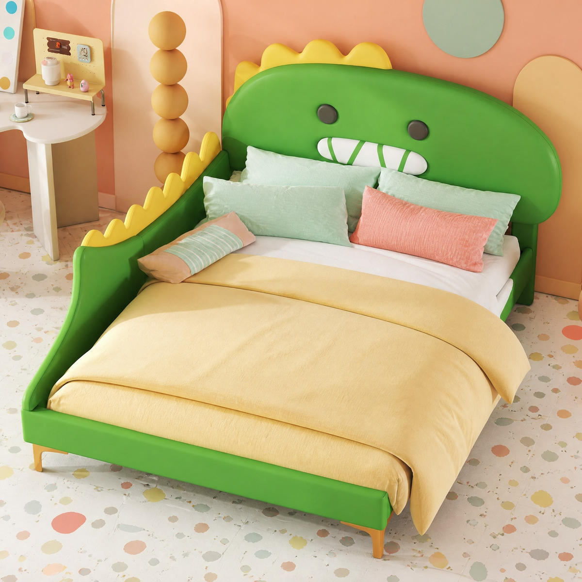 KINDERBETT 140/200 mit Dinosaurier-Design, PU-Material und MDF in Grün - Grün, Holzwerkstoff/Textil (140/200cm) - EVRYAE