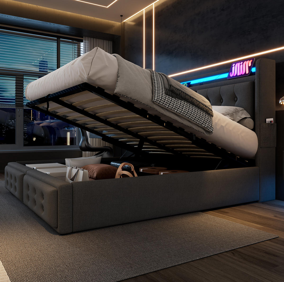 POLSTERBETT mit LED, USB-C und Stauraum 140x200 cm Baumwoll-Leinen Grau - Grau, Metall (140/200cm) - Meubliv