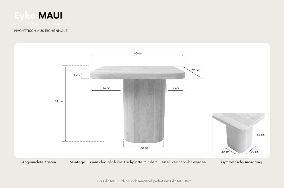 MASSIVHOLZ-NACHTTISCH Eyko MAUI, asymmetrisch, 40x34 cm, Wildeiche - lackiert - Eichefarben, Holz (40/34/32cm)