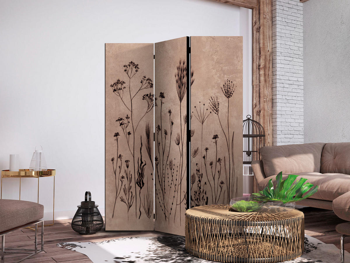 PARAVENT Akustik 3-tlg 135x172 cm Wildpflanzen Retro - Braun, Holz/Textil (135/172/3cm) - Muralo