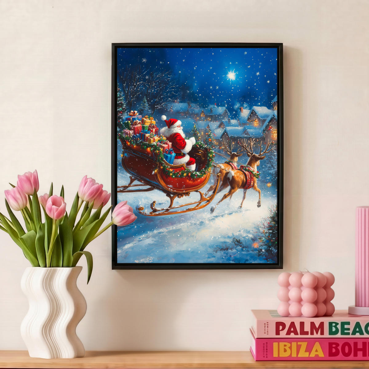 LEINWAND Bilder mit Rahmen - Weihnachtsmann - Rentier - Weihnachten - Schnee - 30x40 - Cognac, Textil (30/40cm) - MuchoWow