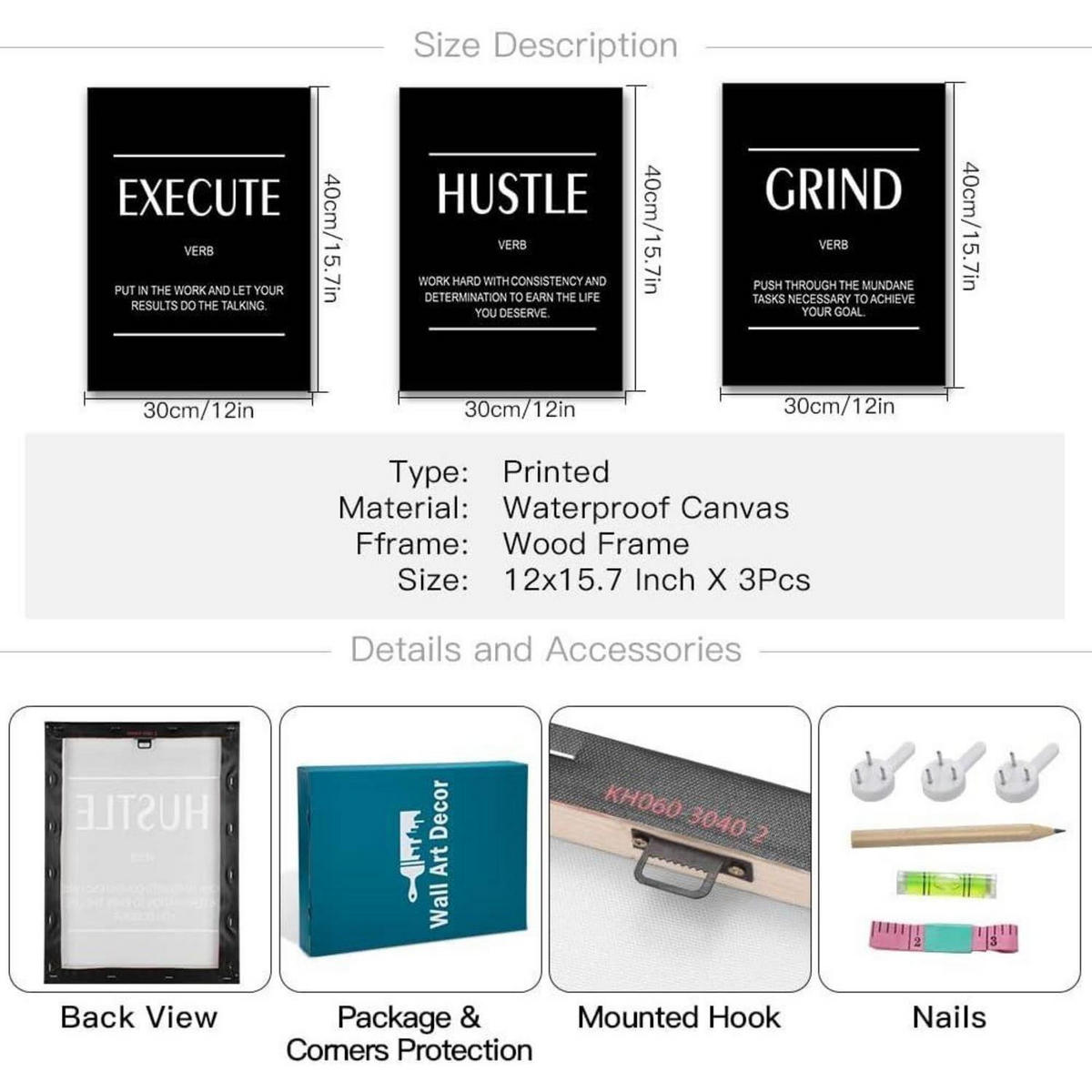 LEINWANDBILD 3-teiliges Set "Execute Hustle Grind" 30 x 40 cm - Schwarz, Textil (40/0.5cm)