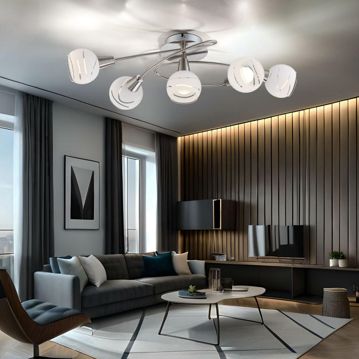 LED DECKENLEUCHTE Metall Silber 5 Flammig - Silberfarben, Glas (62.4/37.1/21.1cm) - Globo Lighting